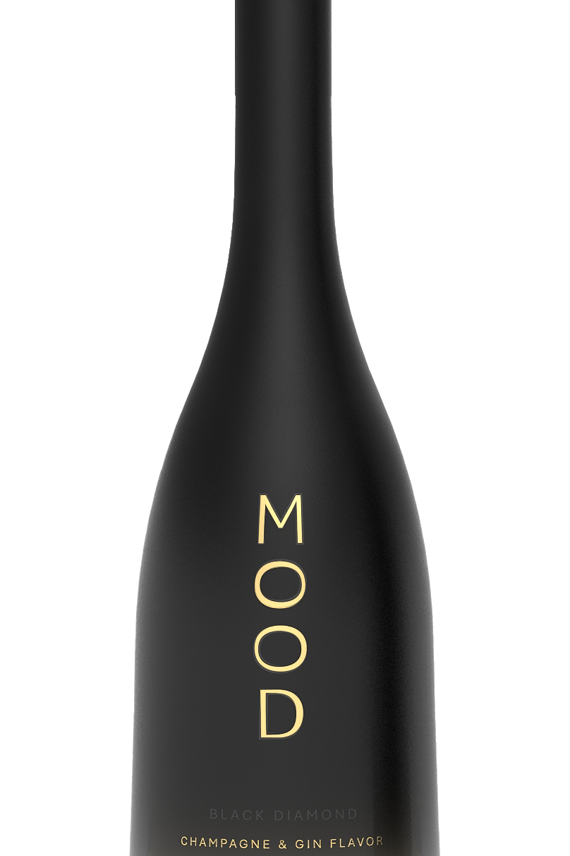 Black Diamond MOOD gin and champagne flavor bottle with elegant design and sleek black finish.