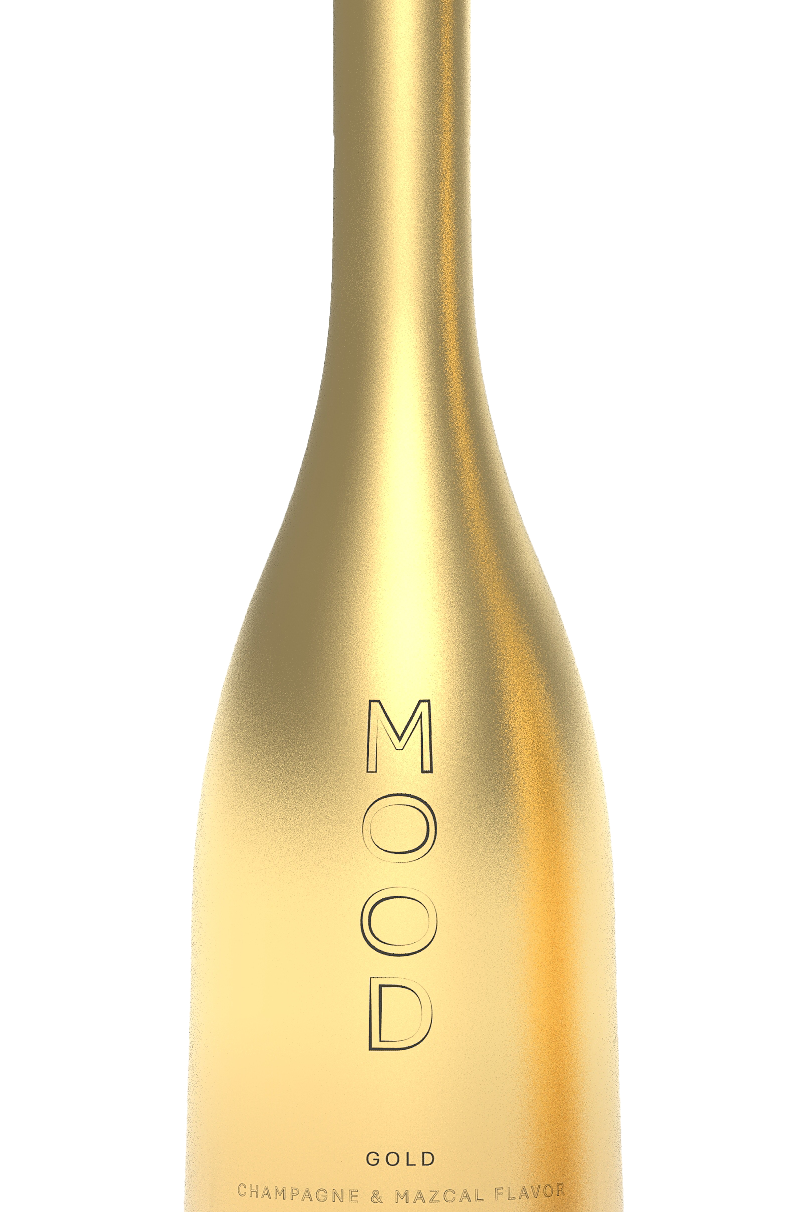 Gold MOOD bottle featuring champagne and mezcal flavor, elegantly designed for a sophisticated experience.