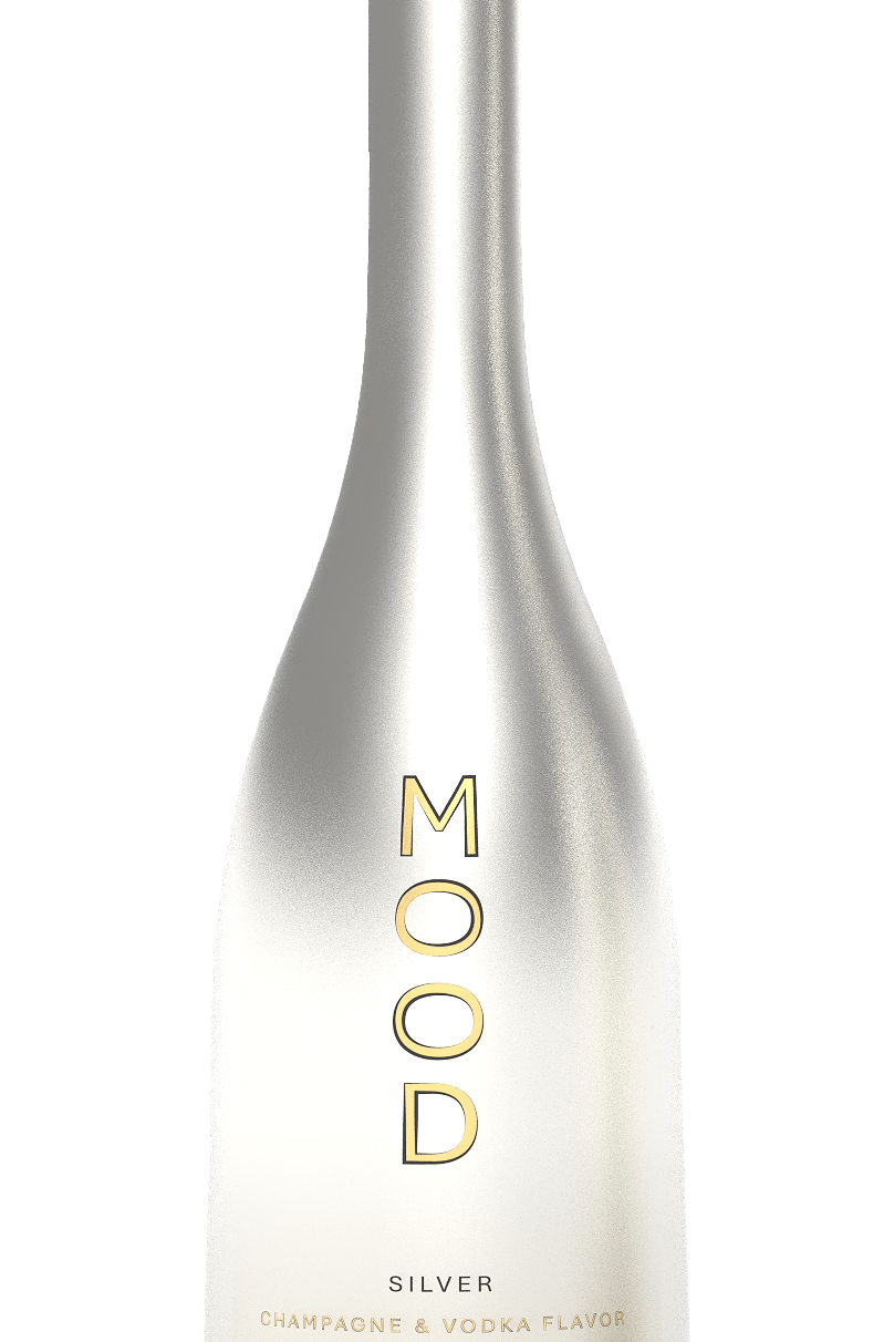 Silver MOOD vodka bottle featuring champagne flavor, sleek and minimalist design, perfect for elegant sipping.