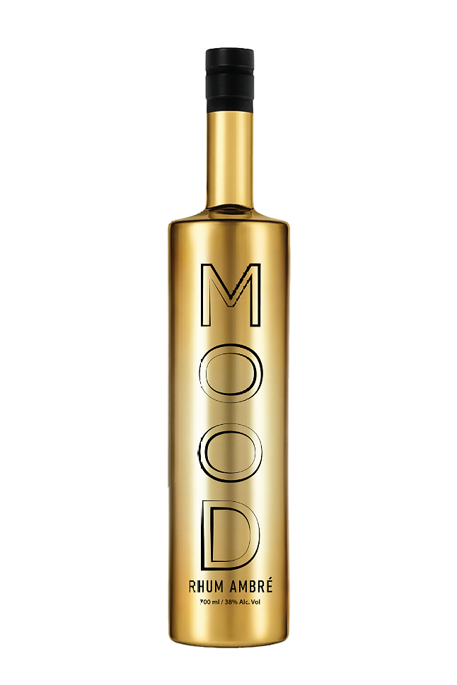 Mood’s Amber Gold Rum bottle from Guadeloupe, 700 ml, showcasing golden design and 38% alcohol content.